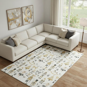 HomeRoots 10' X 14' Washable Ivory Gold Gray Floral Area Rug with UV Protection for Elegant Living Spaces 702455