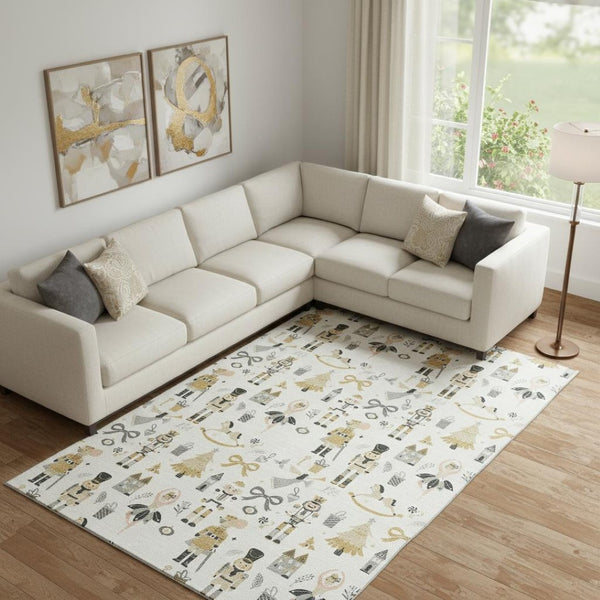 HomeRoots 10' X 14' Washable Ivory Gold Gray Floral Area Rug with UV Protection for Elegant Living Spaces 702455