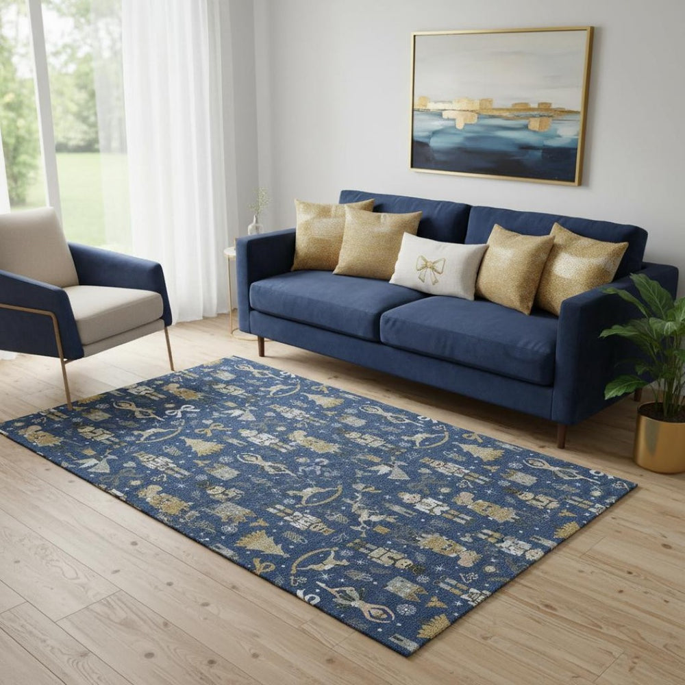 HomeRoots 5' X 8' Navy Blue Gold Gray Floral Area Rug – Stylish, Washable, UV Protected & Non-Slip Backing 702457