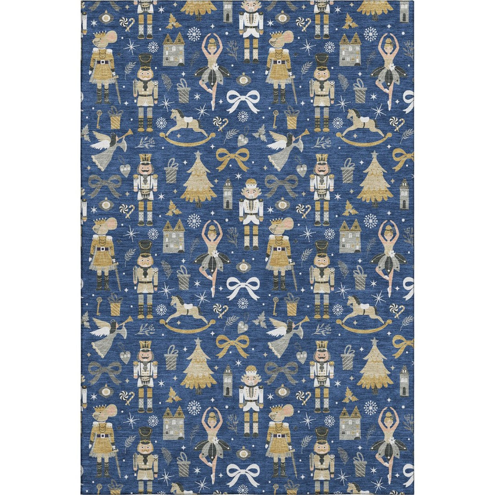 HomeRoots 5' X 8' Navy Blue Gold Gray Floral Area Rug – Stylish, Washable, UV Protected & Non-Slip Backing 702457