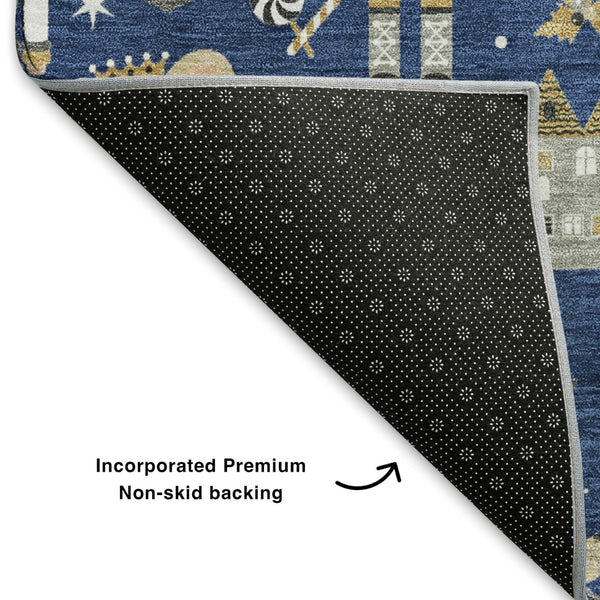 HomeRoots 5' X 8' Navy Blue Gold Gray Floral Area Rug – Stylish, Washable, UV Protected & Non-Slip Backing 702457