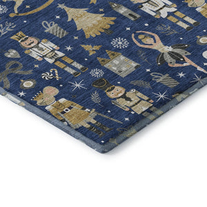 HomeRoots 5' X 8' Navy Blue Gold Gray Floral Area Rug – Stylish, Washable, UV Protected & Non-Slip Backing 702457