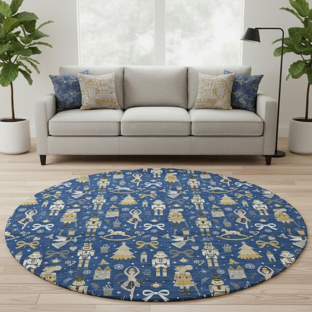 HomeRoots 8' Navy Blue Floral Area Rug with Gold & Gray Accents – Washable, UV Protected, Durable Design for Homes 702458