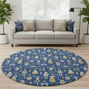 HomeRoots 8' Navy Blue Floral Area Rug with Gold & Gray Accents – Washable, UV Protected, Durable Design for Homes 702458