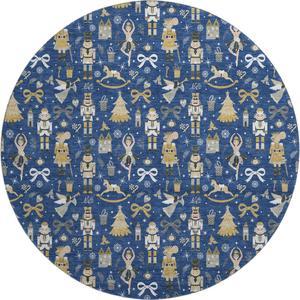 HomeRoots 8' Navy Blue Floral Area Rug with Gold & Gray Accents – Washable, UV Protected, Durable Design for Homes 702458