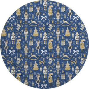 HomeRoots 8' Navy Blue Floral Area Rug with Gold & Gray Accents – Washable, UV Protected, Durable Design for Homes 702458