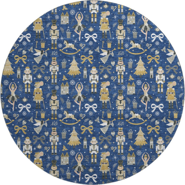 HomeRoots 8' Navy Blue Floral Area Rug with Gold & Gray Accents – Washable, UV Protected, Durable Design for Homes 702458