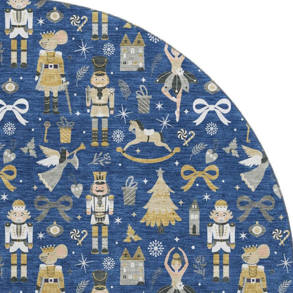 HomeRoots 8' Navy Blue Floral Area Rug with Gold & Gray Accents – Washable, UV Protected, Durable Design for Homes 702458