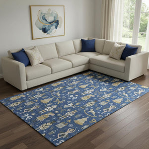 HomeRoots 8' X 10' Floral Area Rug in Navy, Gold & Gray - Washable, UV-Protected & Stain-Resistant Design 702459