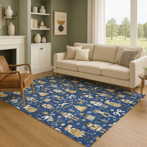HomeRoots 8' X 10' Floral Area Rug in Navy, Gold & Gray - Washable, UV-Protected & Stain-Resistant Design 702459
