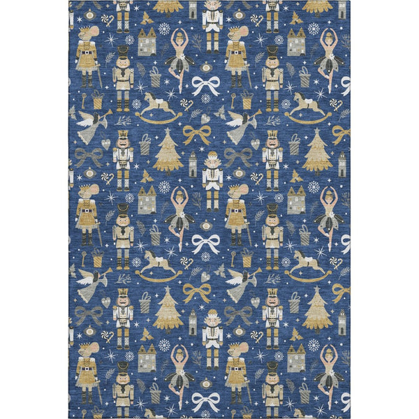 HomeRoots 8' X 10' Floral Area Rug in Navy, Gold & Gray - Washable, UV-Protected & Stain-Resistant Design 702459