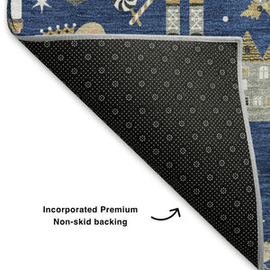 HomeRoots 8' X 10' Floral Area Rug in Navy, Gold & Gray - Washable, UV-Protected & Stain-Resistant Design 702459