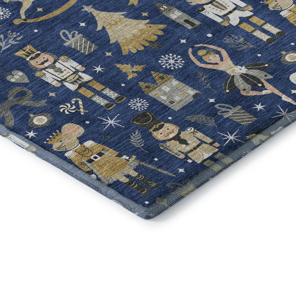 HomeRoots 8' X 10' Floral Area Rug in Navy, Gold & Gray - Washable, UV-Protected & Stain-Resistant Design 702459