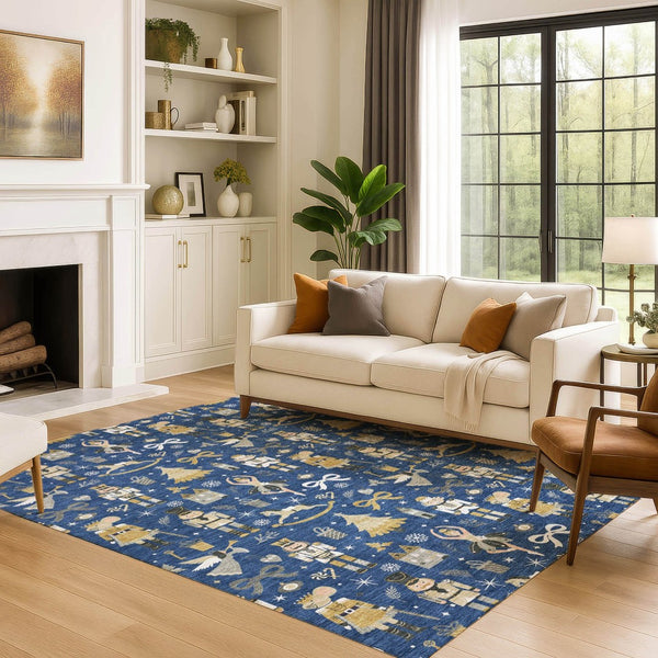 HomeRoots 8' X 10' Floral Area Rug in Navy, Gold & Gray - Washable, UV-Protected & Stain-Resistant Design 702459