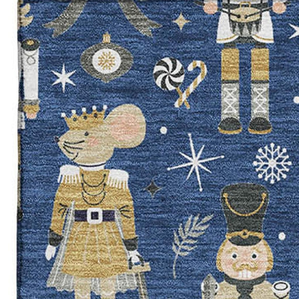 HomeRoots 8' X 10' Floral Area Rug in Navy, Gold & Gray - Washable, UV-Protected & Stain-Resistant Design 702459
