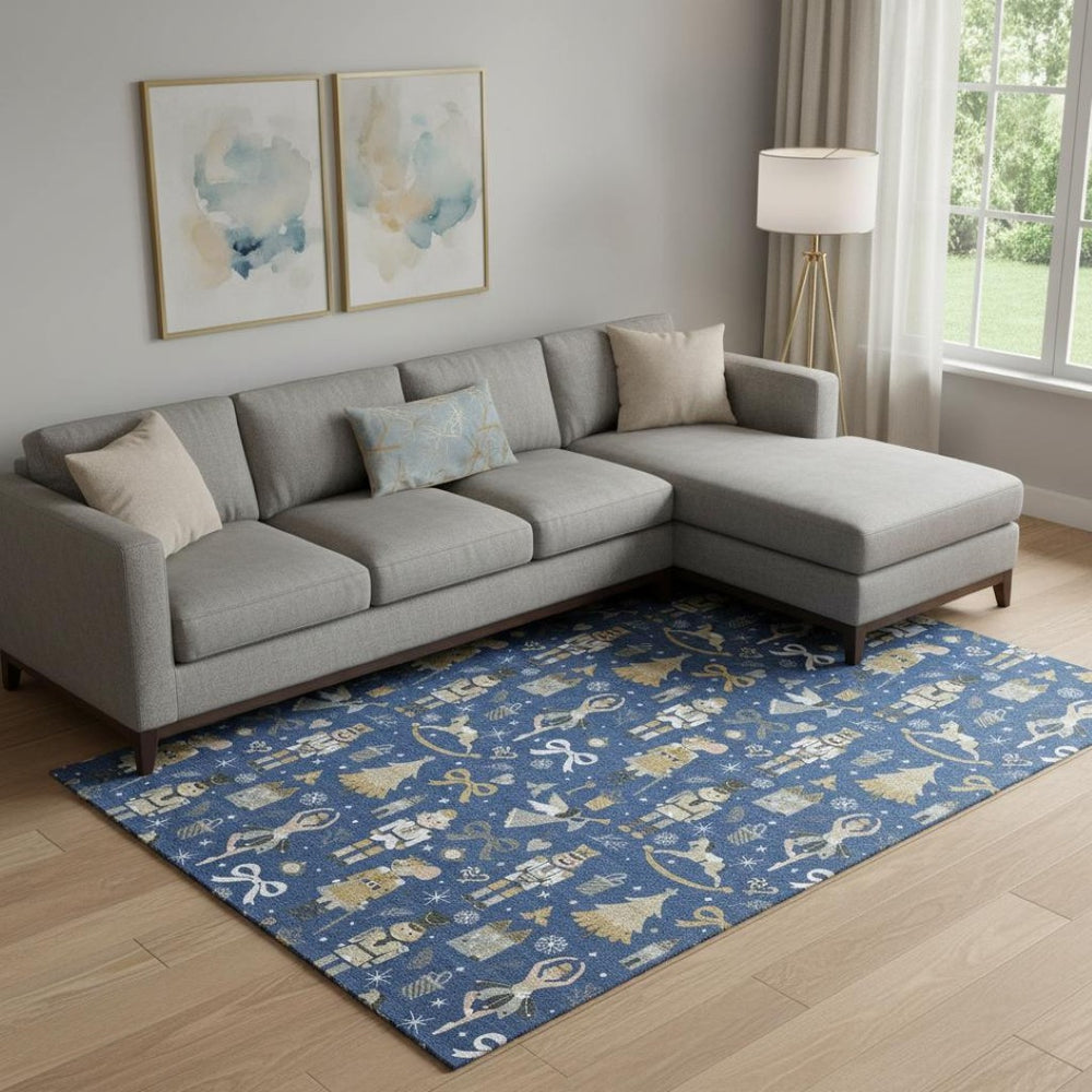 HomeRoots 9' X 12' Washable Navy Blue Floral Area Rug with UV Protection - Durable, Pet-Friendly & Stylish Design 702460