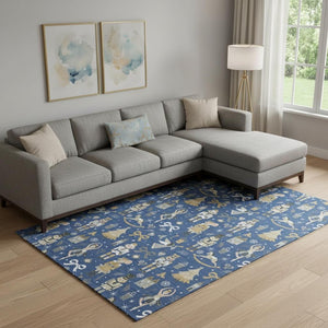 HomeRoots 9' X 12' Washable Navy Blue Floral Area Rug with UV Protection - Durable, Pet-Friendly & Stylish Design 702460