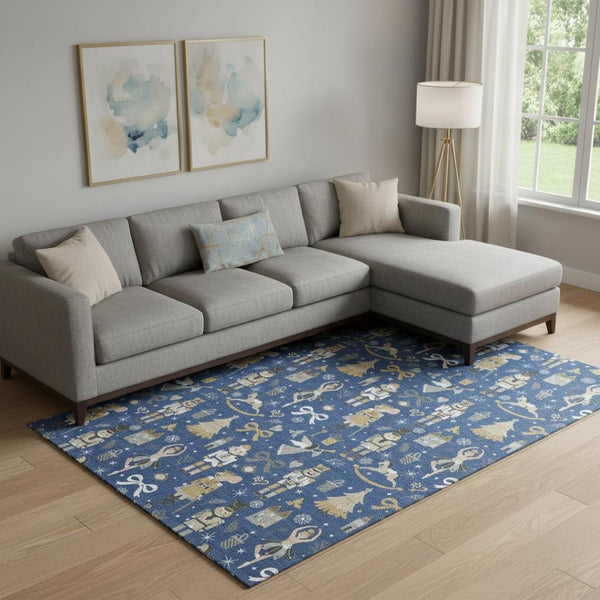 HomeRoots 9' X 12' Washable Navy Blue Floral Area Rug with UV Protection - Durable, Pet-Friendly & Stylish Design 702460