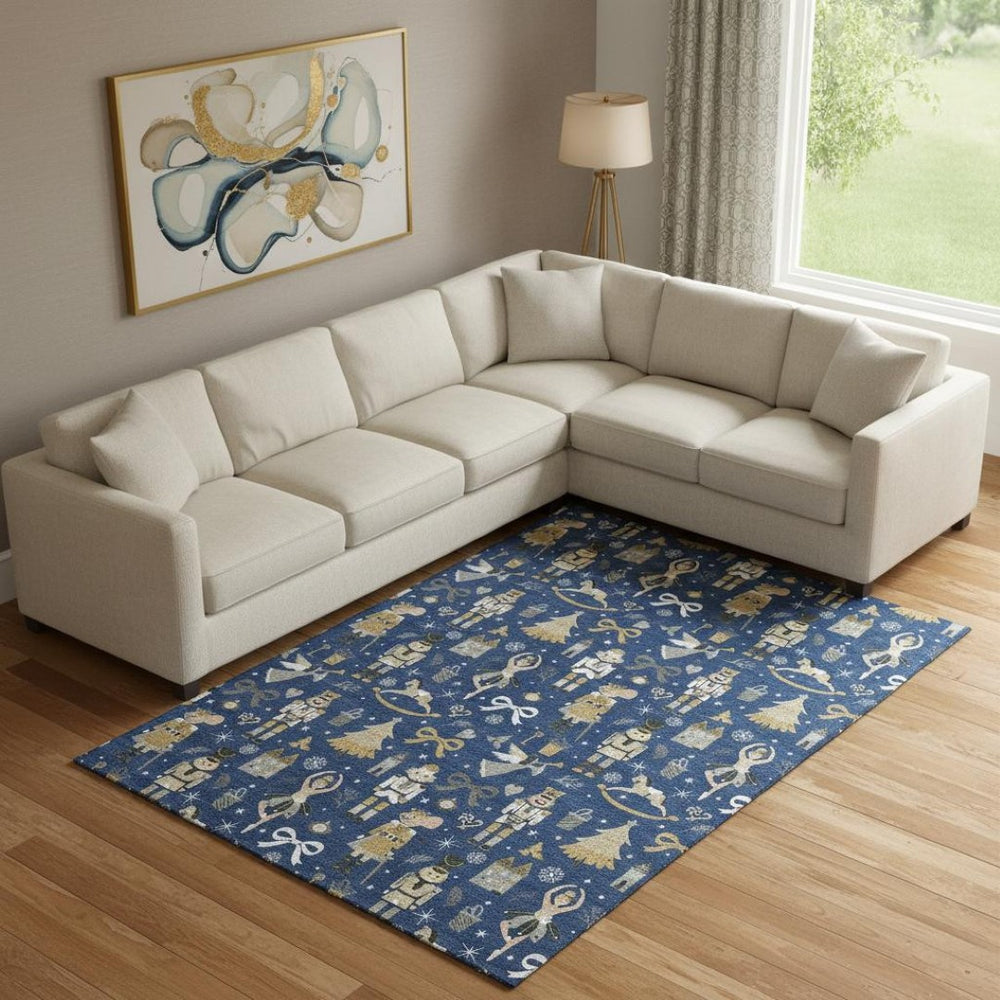 HomeRoots 10' X 14' Navy Blue Gold Floral Area Rug - Washable, UV Protected, Stain Resistant for Busy Homes 702461