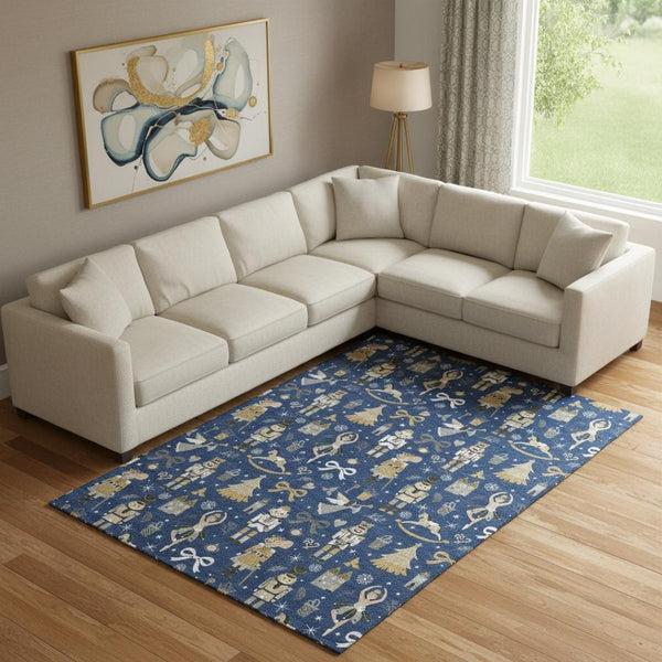 HomeRoots 10' X 14' Navy Blue Gold Floral Area Rug - Washable, UV Protected, Stain Resistant for Busy Homes 702461