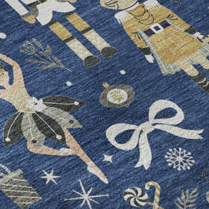 HomeRoots 10' X 14' Navy Blue Gold Floral Area Rug - Washable, UV Protected, Stain Resistant for Busy Homes 702461