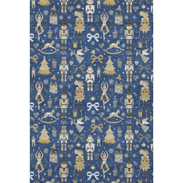 HomeRoots 10' X 14' Navy Blue Gold Floral Area Rug - Washable, UV Protected, Stain Resistant for Busy Homes 702461