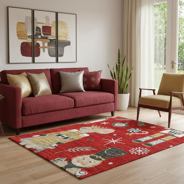 HomeRoots 5' X 8' Floral Area Rug in Red, Gold & Gray - Washable, UV Protected, Non-Slip & Stain Resistant! 702463