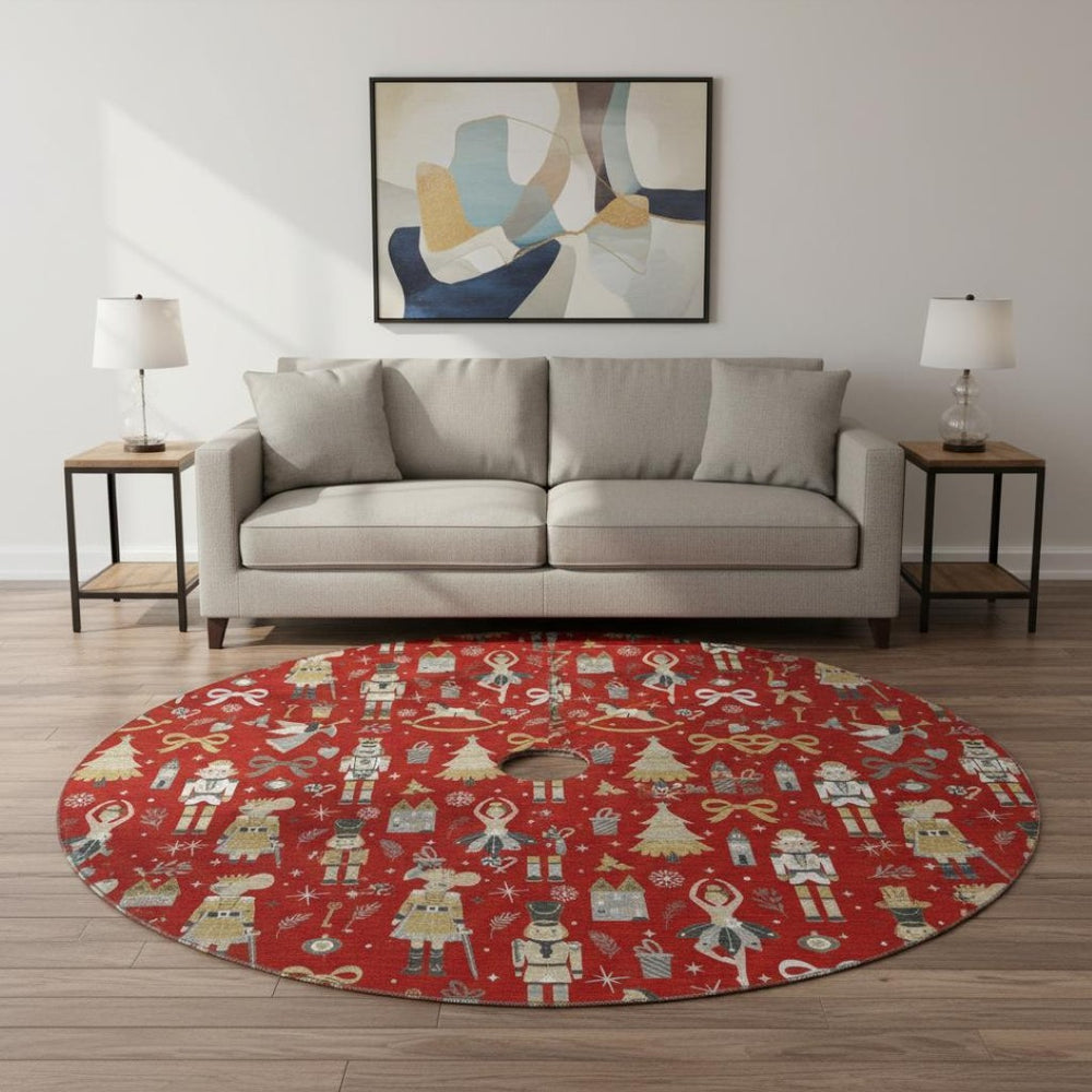 HomeRoots 8' Red Gold Floral Washable Round Rug with UV Protection - Durable, Stylish, and Pet-Friendly Décor 702464