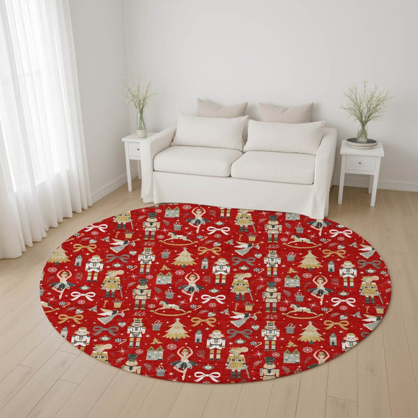 HomeRoots 8' Red Gold Floral Washable Round Rug with UV Protection - Durable, Stylish, and Pet-Friendly Décor 702464