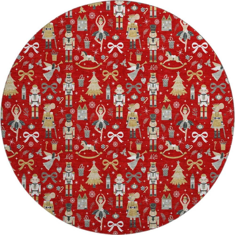 HomeRoots 8' Red Gold Floral Washable Round Rug with UV Protection - Durable, Stylish, and Pet-Friendly Décor 702464