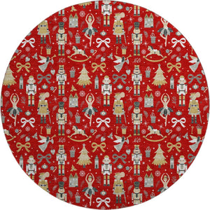HomeRoots 8' Red Gold Floral Washable Round Rug with UV Protection - Durable, Stylish, and Pet-Friendly Décor 702464