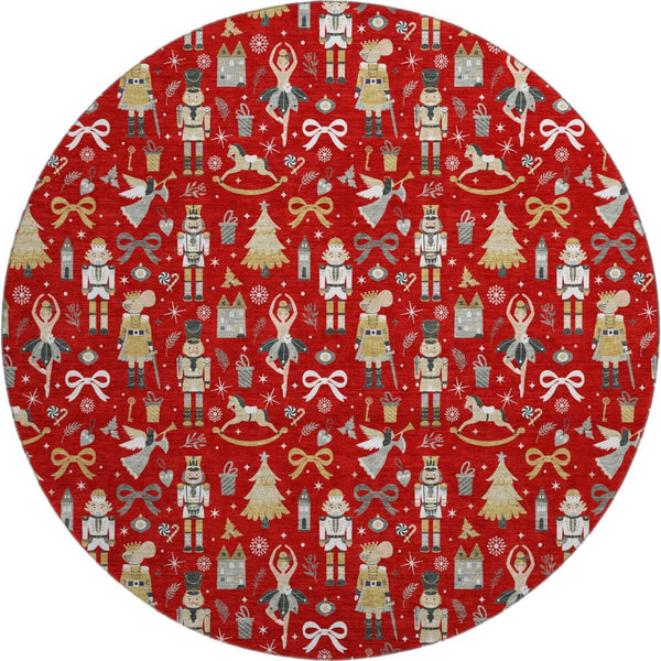 HomeRoots 8' Red Gold Floral Washable Round Rug with UV Protection - Durable, Stylish, and Pet-Friendly Décor 702464
