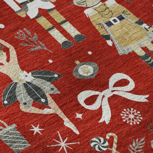 HomeRoots 8' Red Gold Floral Washable Round Rug with UV Protection - Durable, Stylish, and Pet-Friendly Décor 702464