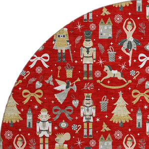 HomeRoots 8' Red Gold Floral Washable Round Rug with UV Protection - Durable, Stylish, and Pet-Friendly Décor 702464