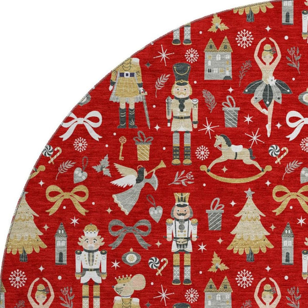 HomeRoots 8' Red Gold Floral Washable Round Rug with UV Protection - Durable, Stylish, and Pet-Friendly Décor 702464