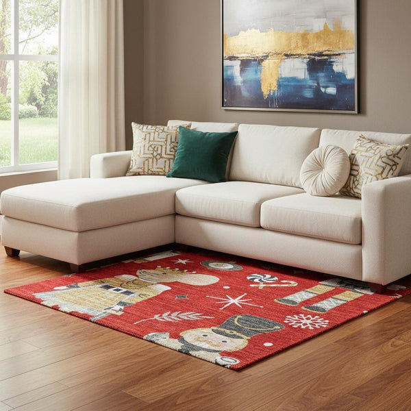 HomeRoots 8' X 10' Elegant Floral Area Rug in Red, Gold & Gray – Washable, Stain Resistant with UV Protection! 702465