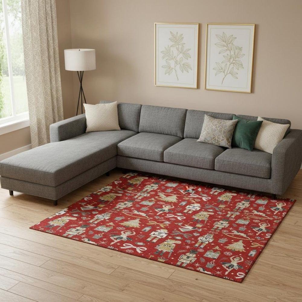 HomeRoots 9' X 12' Floral Area Rug in Red, Gold & Gray - Washable, Stain-Resistant, UV Protected for Homes 702466