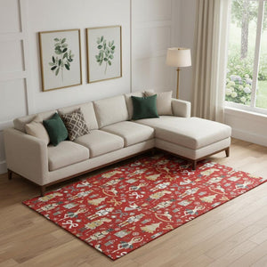 HomeRoots 10' X 14' Floral Area Rug in Red, Gold & Gray - Washable, UV Protected, Durable & Stylish Décor Piece 702467