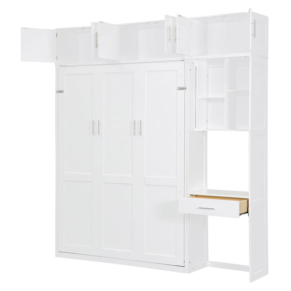 English Elm Full Size Murphy Wall Bed with Fold Away Desk Cabinet and Shelves for Small Spaces N708S00020K-1