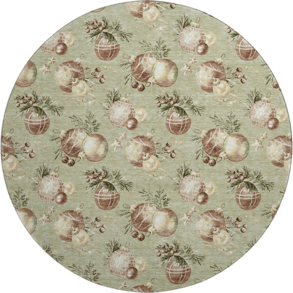 HomeRoots 8' Artichoke Green Brown Beige Polka Dot Washable Round Rug with UV Protection & Non-Slip Backing 702470
