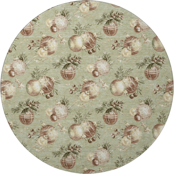 HomeRoots 8' Artichoke Green Brown Beige Polka Dot Washable Round Rug with UV Protection & Non-Slip Backing 702470