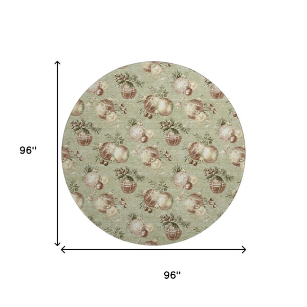 HomeRoots 8' Artichoke Green Brown Beige Polka Dot Washable Round Rug with UV Protection & Non-Slip Backing 702470