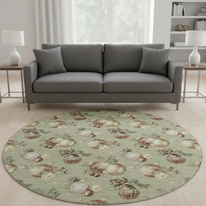 HomeRoots 8' Artichoke Green Brown Beige Polka Dot Washable Round Rug with UV Protection & Non-Slip Backing 702470
