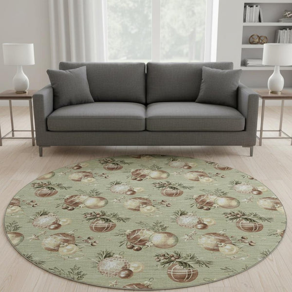 HomeRoots 8' Artichoke Green Brown Beige Polka Dot Washable Round Rug with UV Protection & Non-Slip Backing 702470