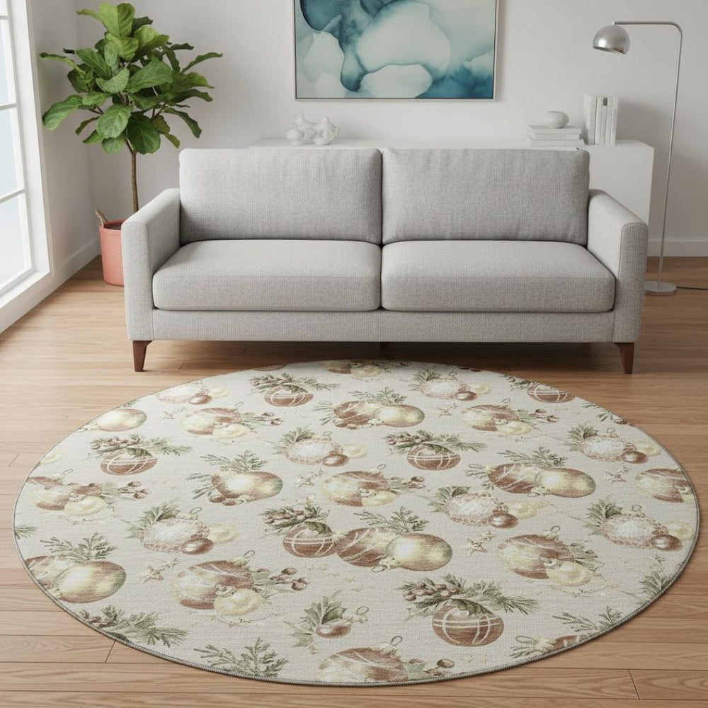 HomeRoots 8' Cozy Beige Brown Ivory Polka Dot Washable Round Rug - UV Protected, Stain Resistant, Non-Slip! 702476