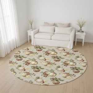 HomeRoots 8' Cozy Beige Brown Ivory Polka Dot Washable Round Rug - UV Protected, Stain Resistant, Non-Slip! 702476