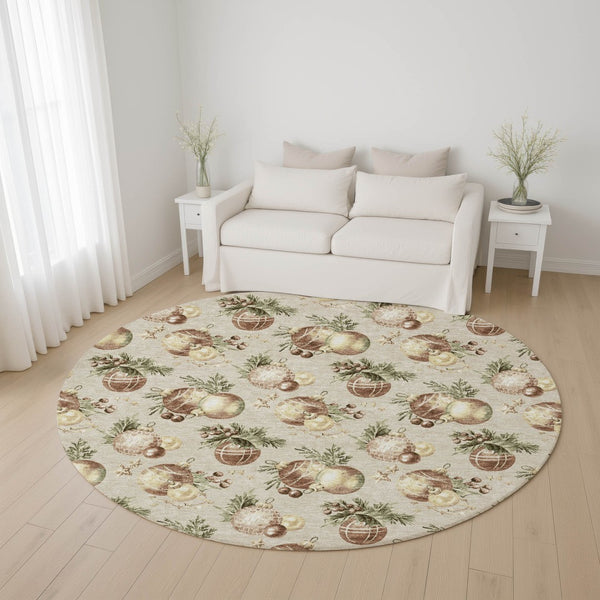 HomeRoots 8' Cozy Beige Brown Ivory Polka Dot Washable Round Rug - UV Protected, Stain Resistant, Non-Slip! 702476