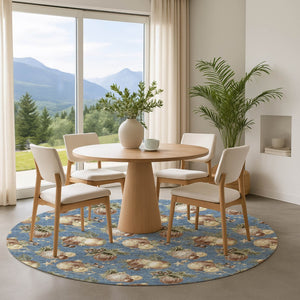 HomeRoots 8' Stylish Washable Round Rug in Denim Blue, Brown & Beige Polka Dots - UV Protected & Durable! 702482