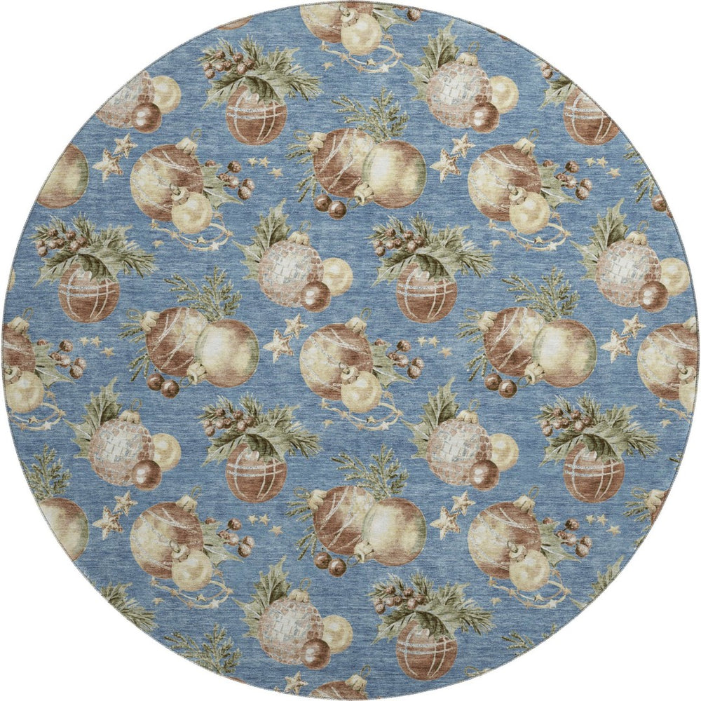 HomeRoots 8' Stylish Washable Round Rug in Denim Blue, Brown & Beige Polka Dots - UV Protected & Durable! 702482