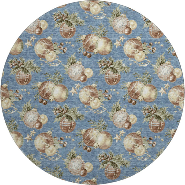 HomeRoots 8' Stylish Washable Round Rug in Denim Blue, Brown & Beige Polka Dots - UV Protected & Durable! 702482